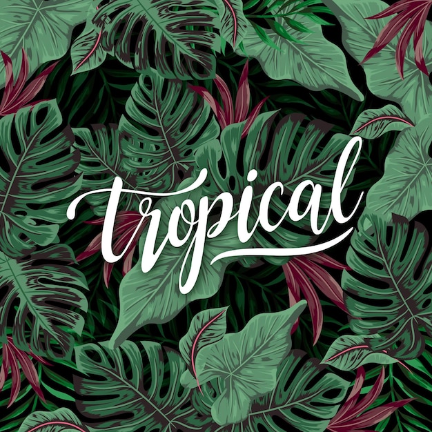 Letras tropicales con hojas o flores.