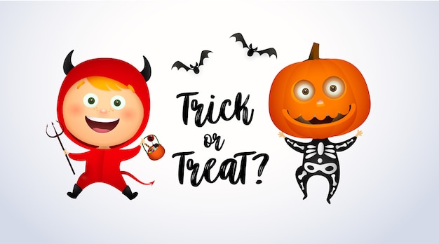 Letras de truco o trato con niños con disfraces de diablo y calabaza