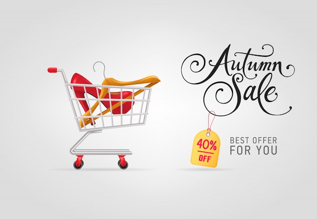 Letras de venta de otoño con suspensión y zapato en carrito de compras