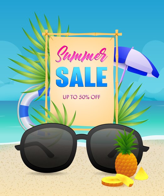 Letras de venta de verano con salvavidas y gafas de sol