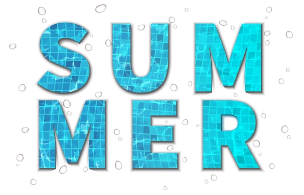 Letras de verano de tipografía grande con texturas de piscina y gotas de agua
