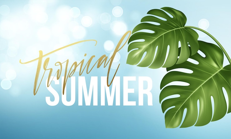 Vector gratuito letras de verano tropical en el fondo de hojas verdes brillantes realistas de monstera.