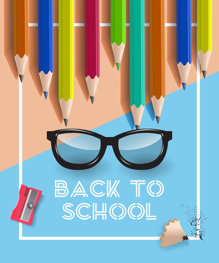 Vector gratuito letras de vuelta a la escuela en marco, gafas y lápices