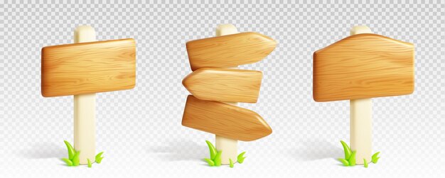Letrero de madera 3d vector conjunto varios tableros y flechas con textura de madera Ilustración realista de paneles en blanco y pancartas Cuadros de texto o cartelera de dirección de calle en poste con hierba