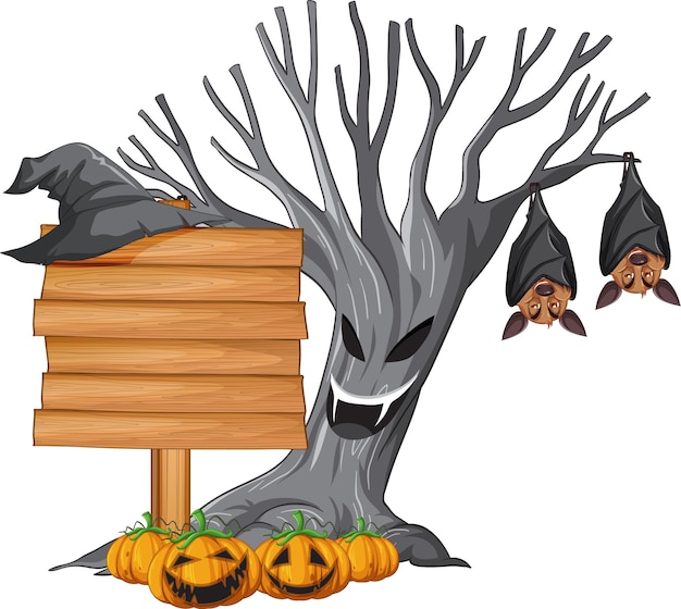 Vector gratuito letrero de madera en blanco con murciélago en tema de halloween