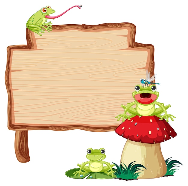 Letrero de madera en blanco con ranas