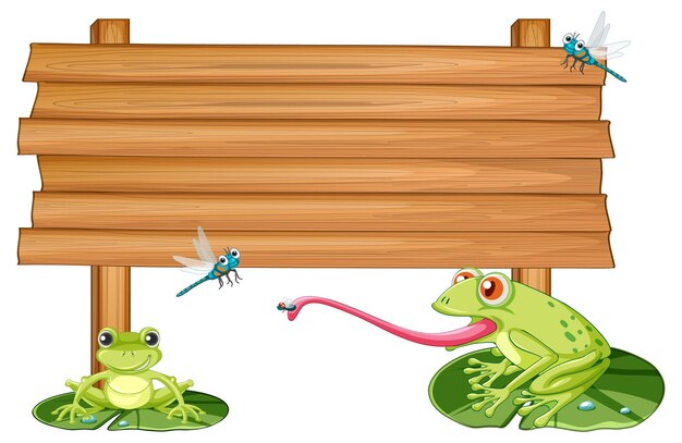 Letrero de madera en blanco con ranas