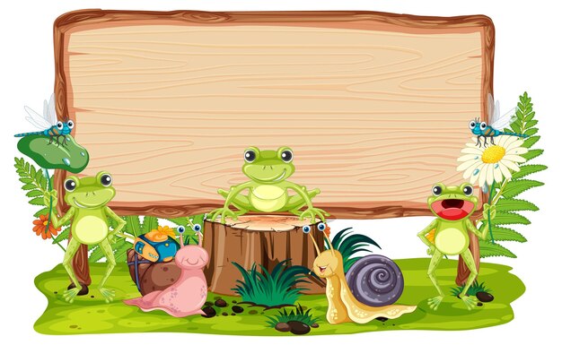 Letrero de madera en blanco con ranas