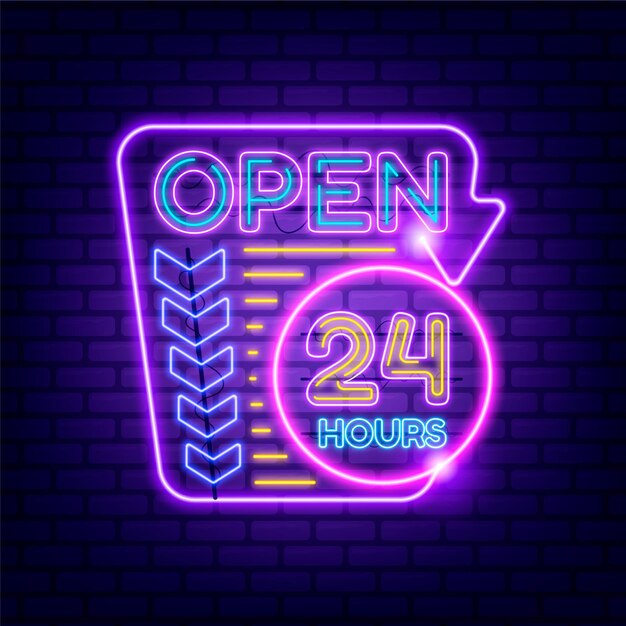Letrero de neón abierto las 24 horas que brilla intensamente