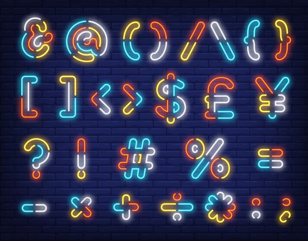 Letrero de neón de símbolos de texto multicolor
