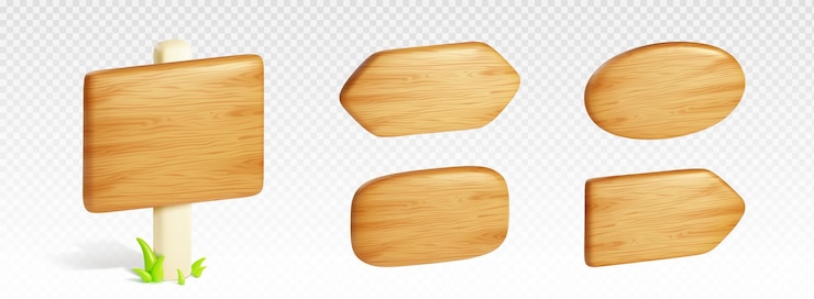 Vector gratuito letreros de madera 3d aislados en fondo transparente vector ilustración realista de placas cuadradas y ovaladas indicadores de dirección señales de flecha hierba verde cerca del poste elemento de diseño de juego