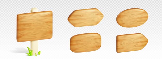 Letreros de madera 3D aislados en fondo transparente Vector ilustración realista de placas cuadradas y ovaladas indicadores de dirección señales de flecha hierba verde cerca del poste Elemento de diseño de juego