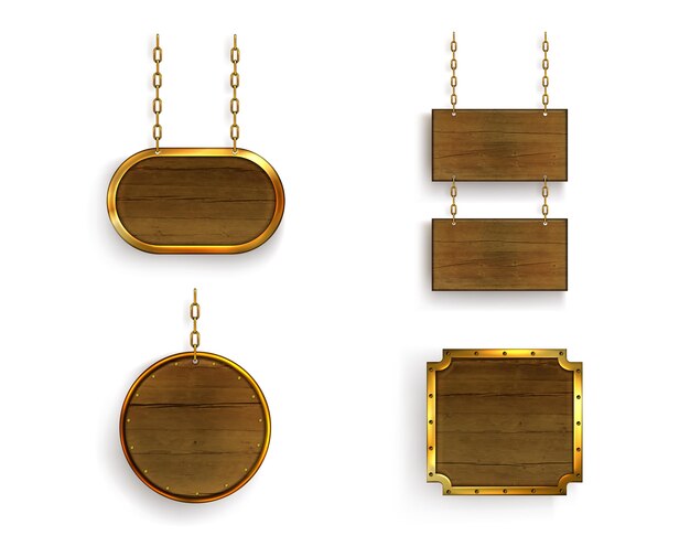 Letreros de madera realistas con detalles dorados.