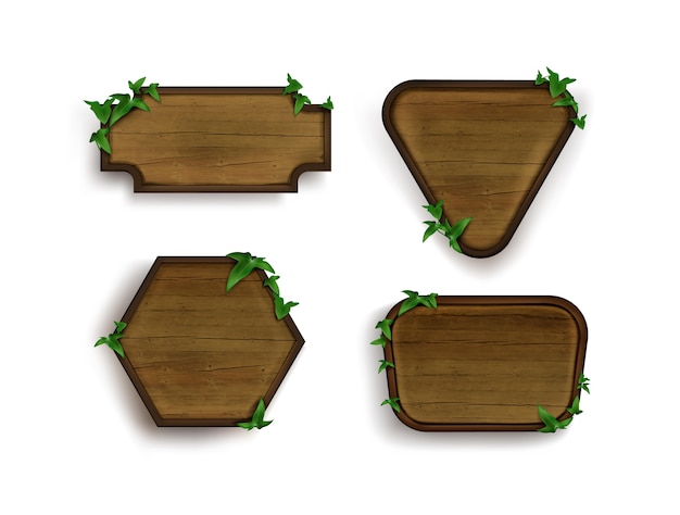 Letreros de madera realistas con hojas verdes.