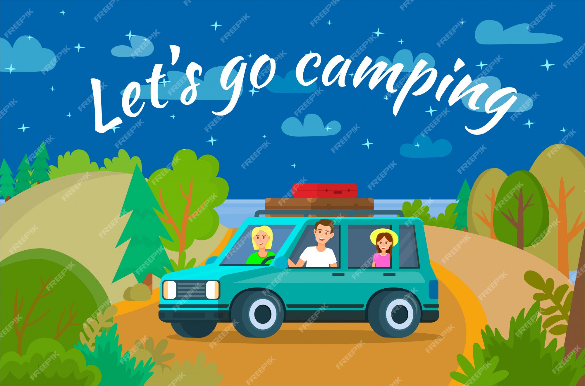 Lets Go Camping Banner Horizontal Vector Premium