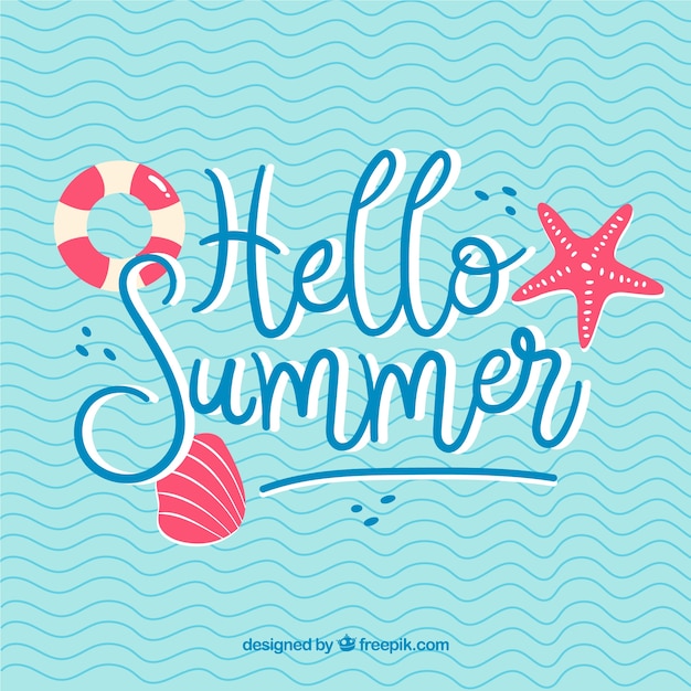 Vector gratuito lettering de hola verano con fondo de agua en estilo hecho a mano