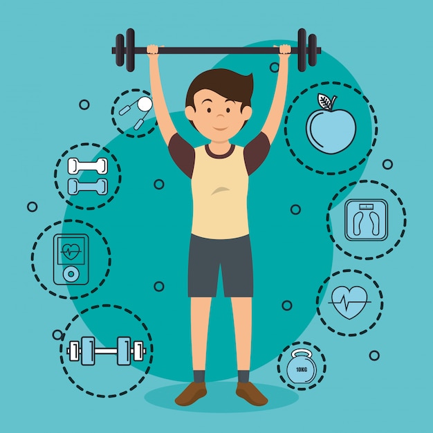 levantamiento de pesas de hombre con iconos de deportes