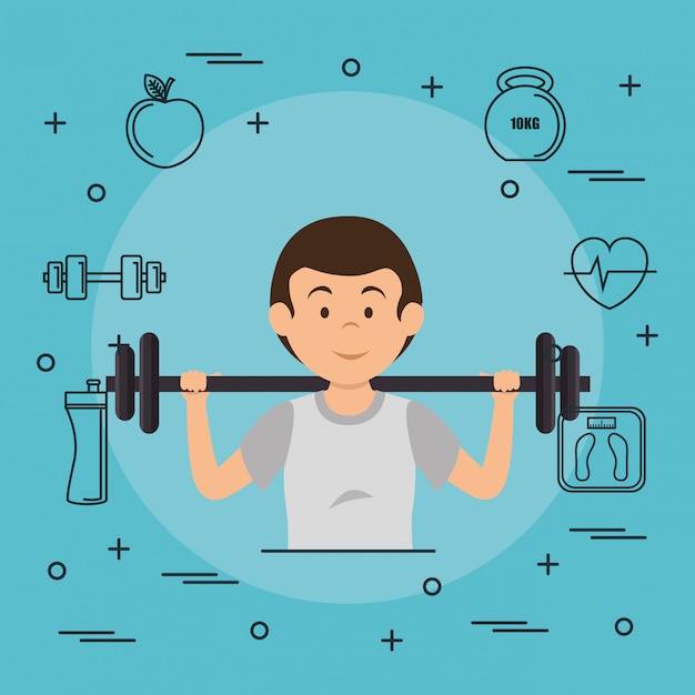 levantamiento de pesas de hombre con iconos de deportes