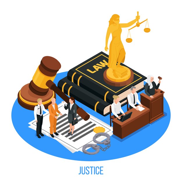 Ley justicia composición isométrica con estatuilla dorada