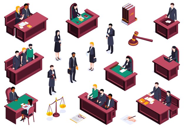 Ley de justicia isométrica conjunto de íconos aislados personajes humanos de los participantes del juicio tribunas de madera y documentos ilustración vectorial