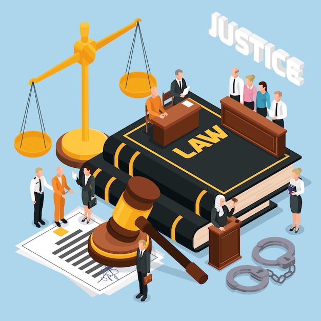 Ley justicia jurado juicio procedimientos judiciales composición isométrica con equilibrio de martillo juez acusado ilustración policial