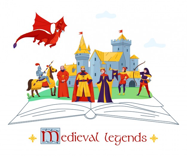 Leyendas medievales historias cuentos concepto composición colorida plana con personajes del reino del castillo en la ilustración de vector de libro abierto