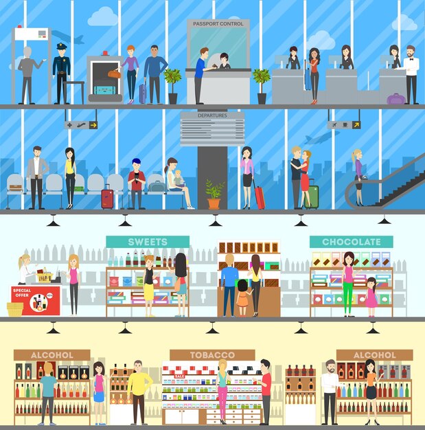Libre de impuestos del aeropuerto Conjunto de ilustraciones de la tienda del aeropuerto y el control de equipaje