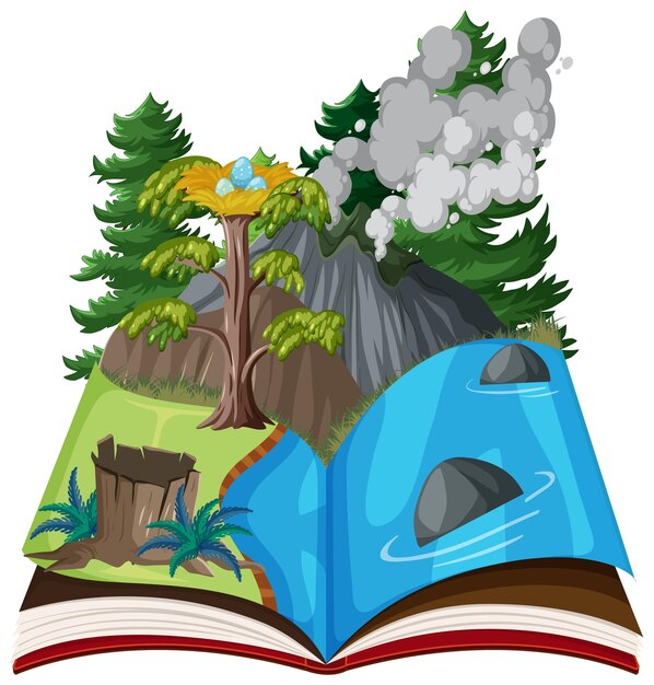 Libro abierto con bosque prehistórico