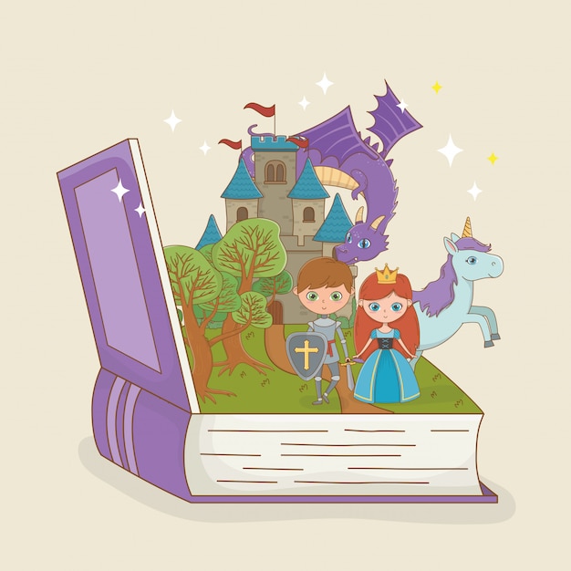 Libro abierto con castillo de cuento de hadas con dragón y personajes.