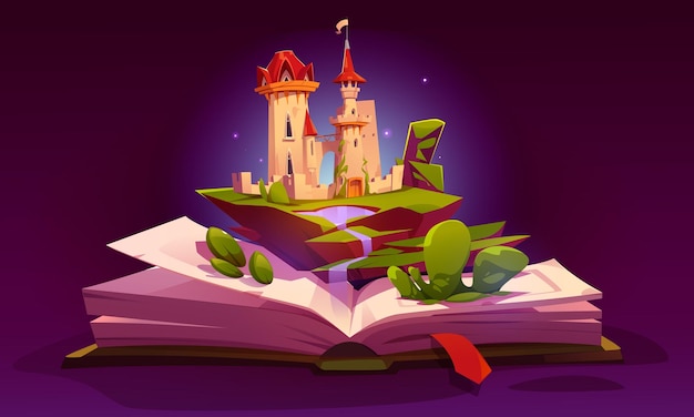 Libro abierto con castillo de cuento de hadas en páginas
