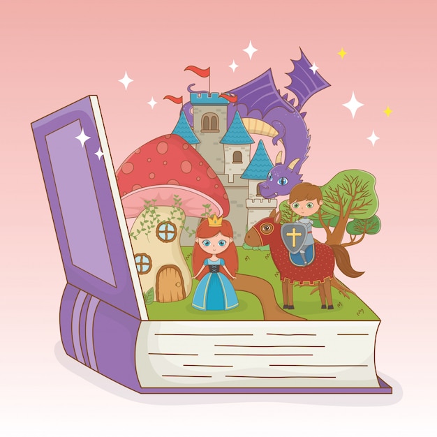 Libro abierto con castillo de cuento de hadas y personajes de grupo