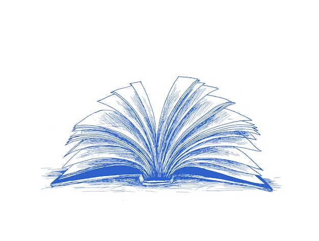 Libro abierto cubierto con páginas revoloteando, ilustración vectorial de boceto dibujado a mano.