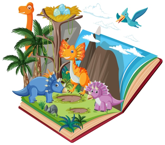 Vector gratuito libro abierto con dinosaurio en bosque prehistórico