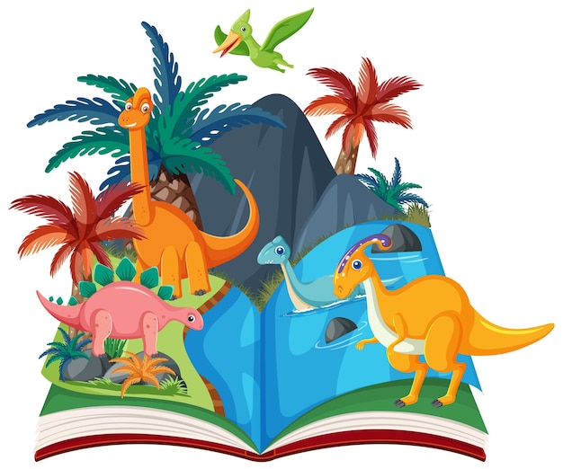 Libro abierto con dinosaurio en bosque prehistórico