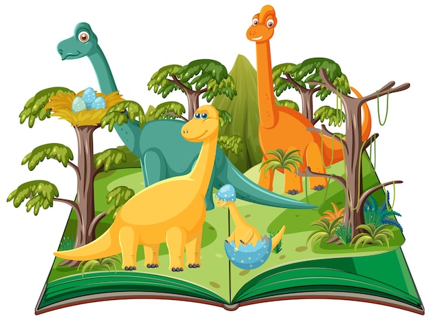 Libro abierto con dinosaurio en bosque prehistórico