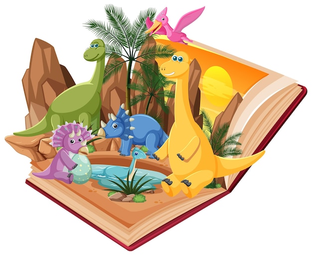 Libro abierto con dinosaurio en la escena del bosque prehistórico