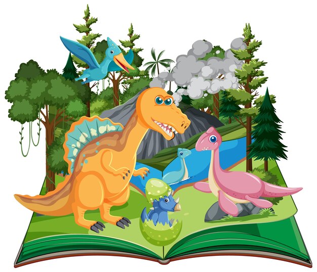 Libro abierto con dinosaurio en la escena del bosque prehistórico
