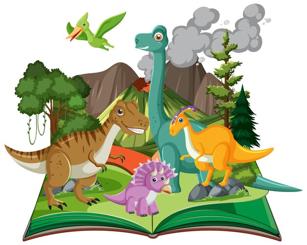 Libro abierto con dinosaurio en la escena del bosque prehistórico