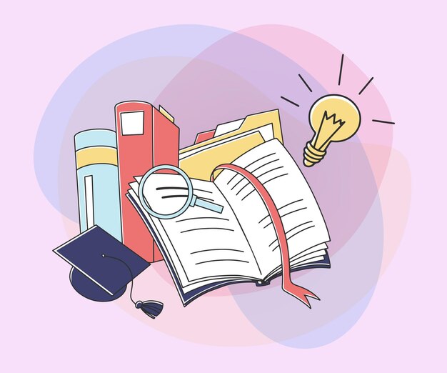 Libro abierto con marcador y lupa