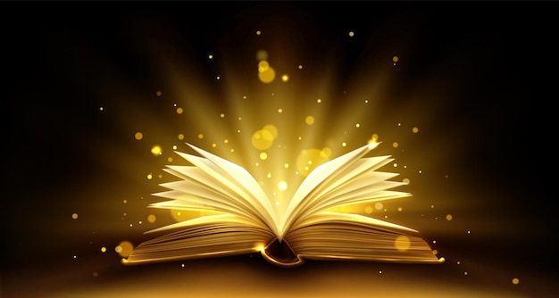 Libro abierto con páginas brillantes en negro