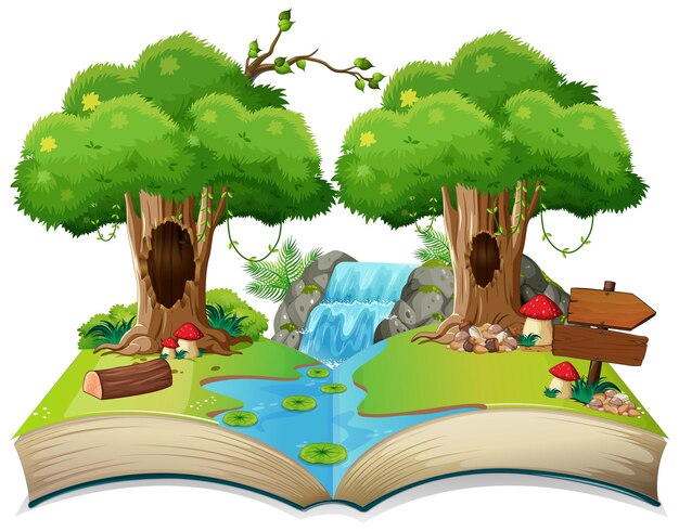 Libro abierto con paisaje natural.