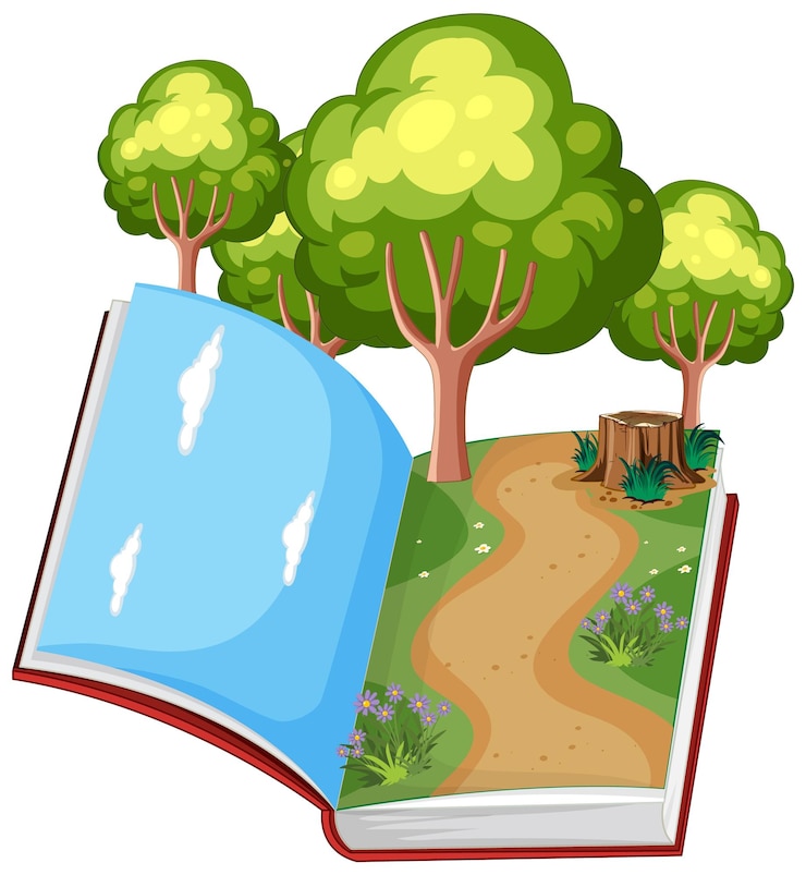 Vector gratuito libro abierto con sendero del bosque