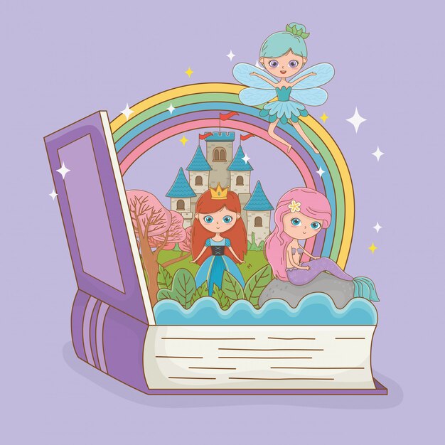 Libro abierto con sirena de cuento de hadas con hada y princesa.