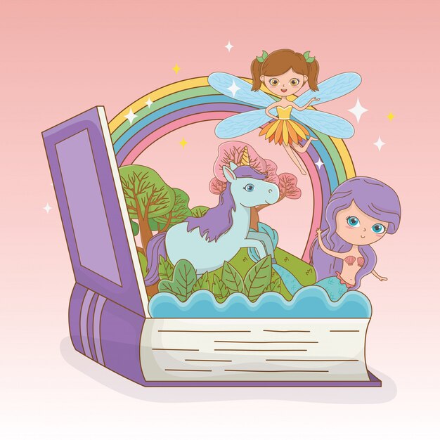 Libro abierto con sirena de cuento de hadas y hada con unicornio