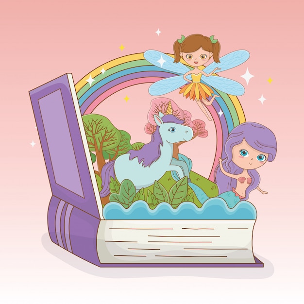 Libro abierto con sirena de cuento de hadas y hada con unicornio