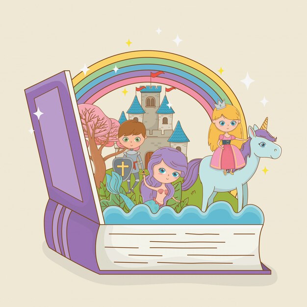 Libro abierto con sirena de cuento de hadas con princesa en unicornio y guerrero