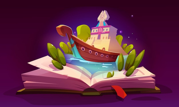 Vector gratuito libro abierto sobre la aventura del cuento de hadas del barco para leer