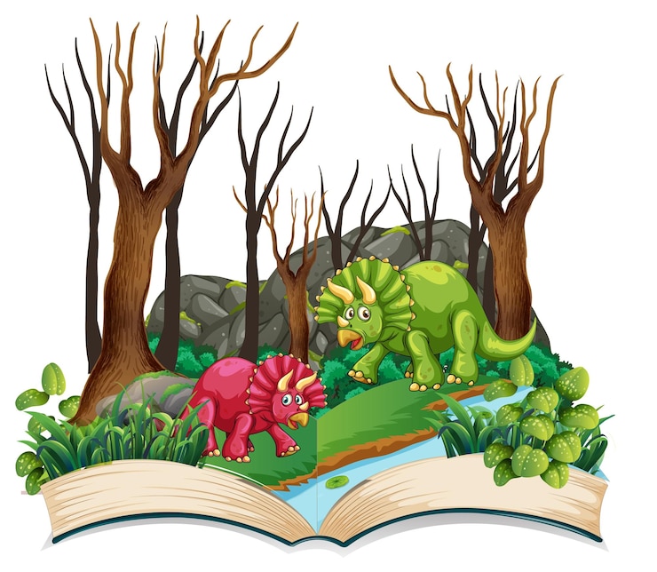 Vector gratuito libro abierto con varios dibujos animados de dinosaurios.