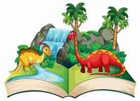 Vector gratuito libro abierto con varios dibujos animados de dinosaurios.