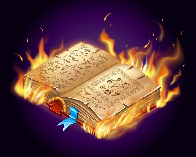 Libro ardiente de hechizos mágicos y brujería.